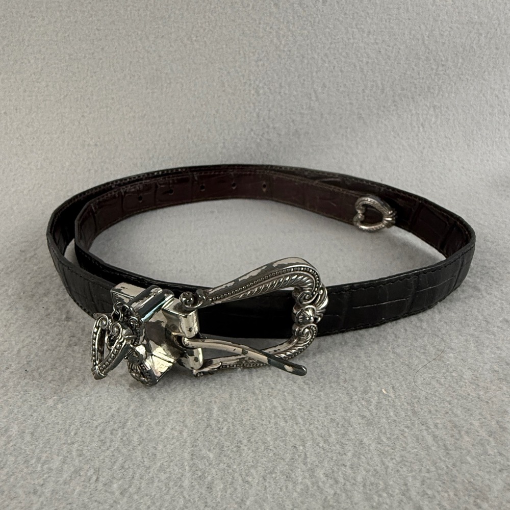 Brighton Belt Size 36 Alligator Embossed Brown Leather Skinny Belt‎ Silver Heart